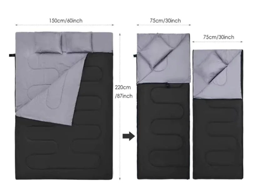 Measurement chart of a double sleeping bag  that can be made into two bags, with dimensions labeled.