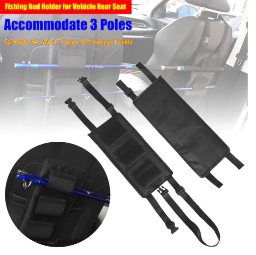 Fishing rod holder for vehicle rear seat with text indicating it can accommodate three poles.