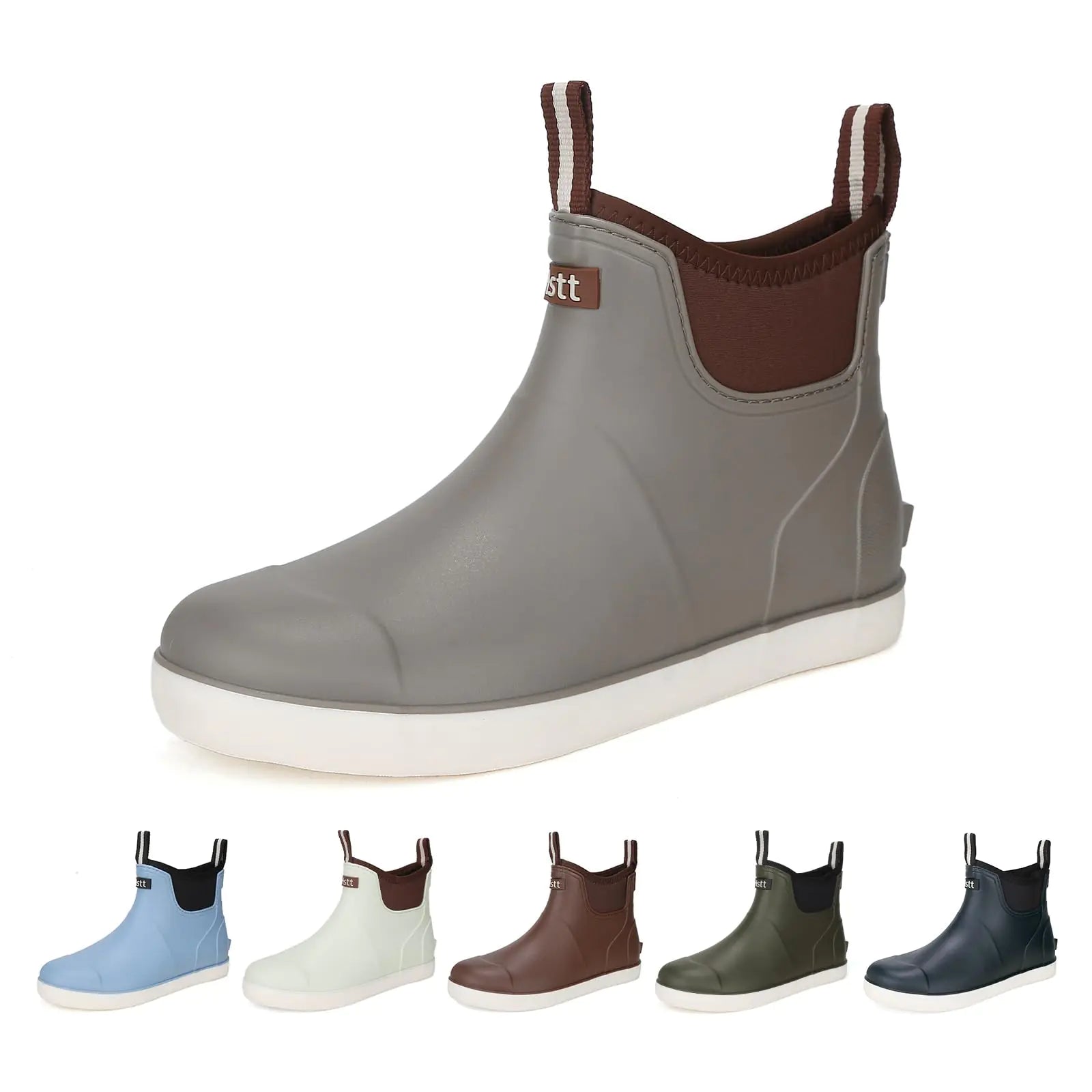 Gray rubber boot with brown accents on a white background
