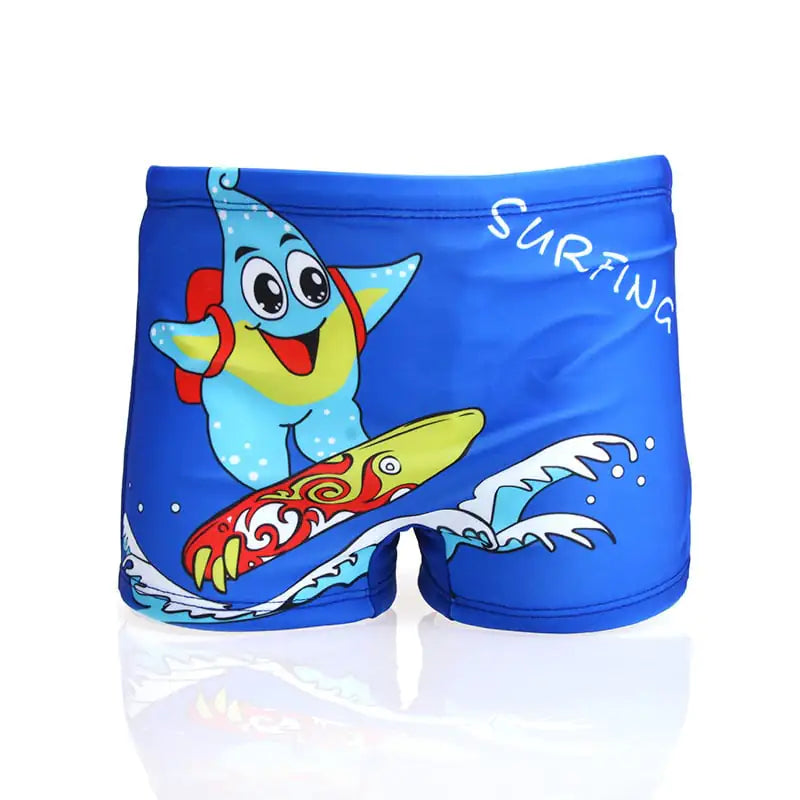 Blue children's swim shorts with a cartoon star fish character on a white background