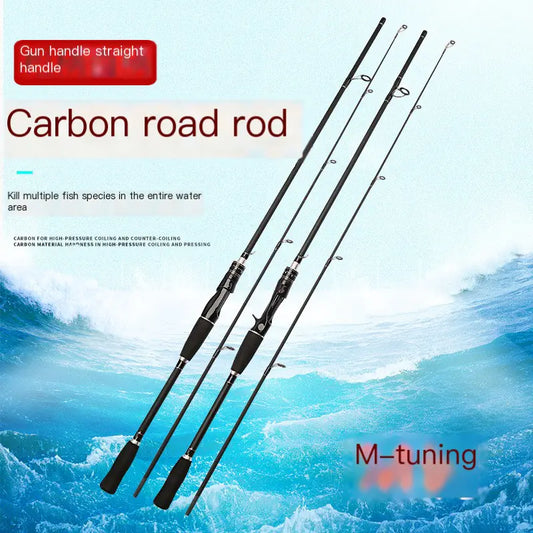 Fishing rods with a blue ocean background and text about carbon road rods and M-tuning.
