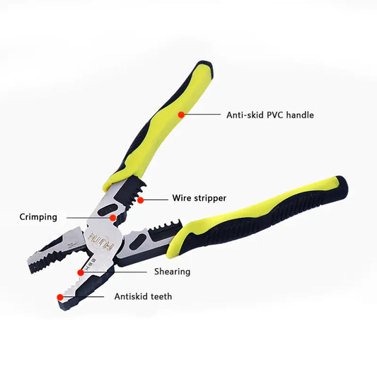 Multifunctional pliers with labeled features on a white background