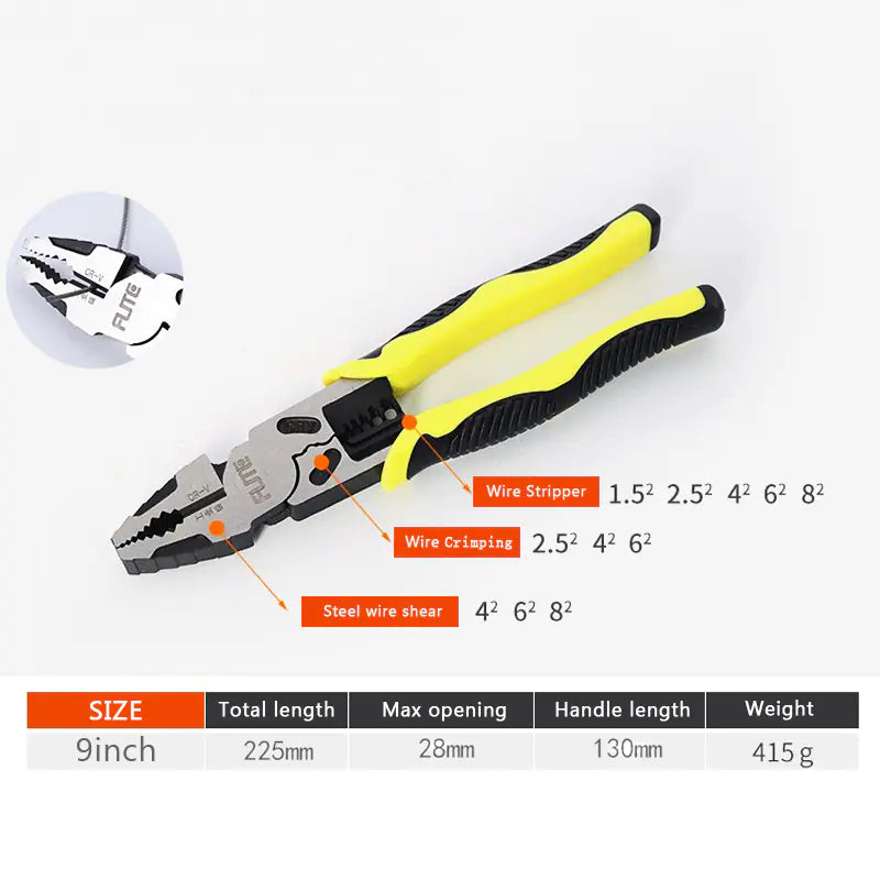 Multifunctional pliers with specifications on a white background
