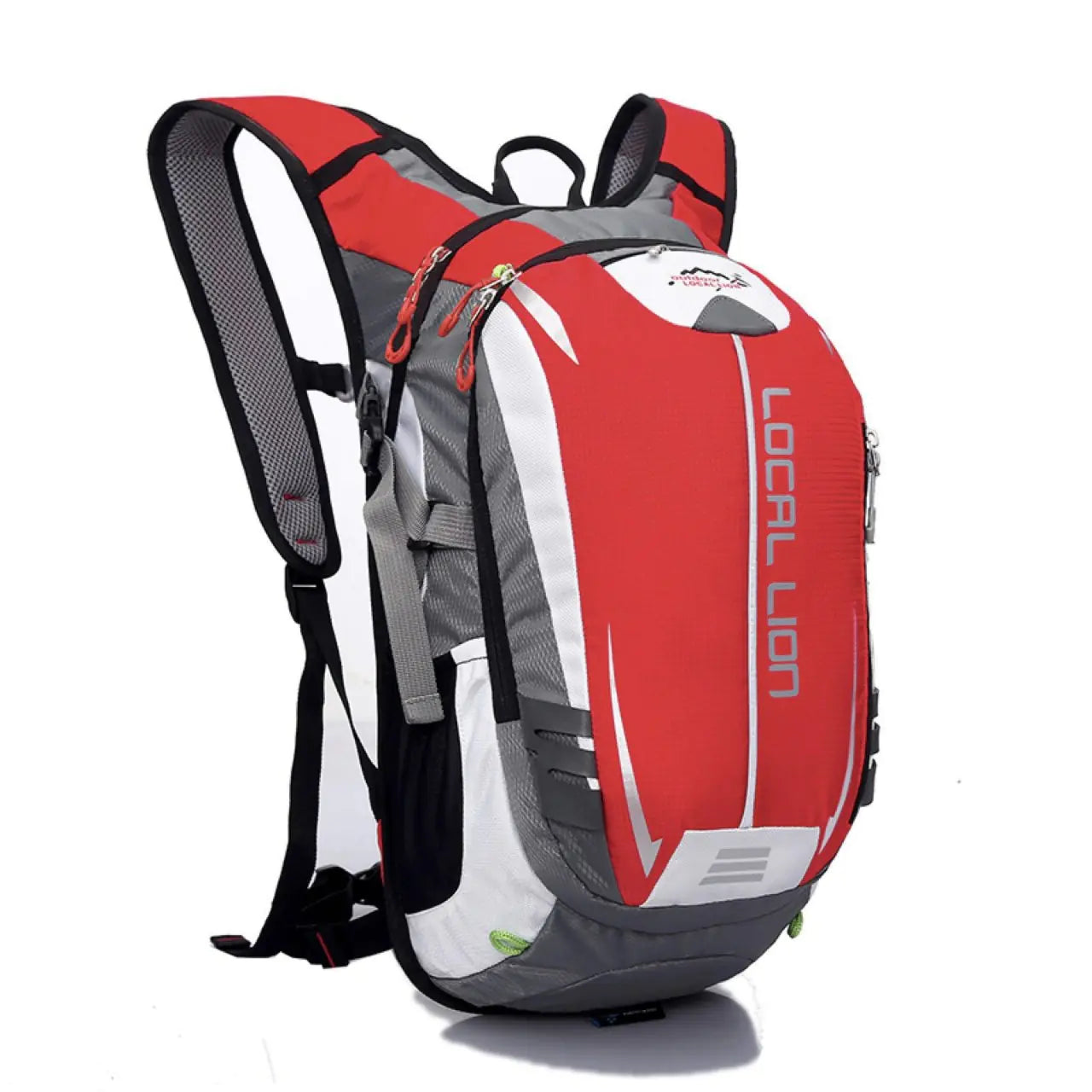 Red and gray backpack with 'Local Lion' branding on a white background
