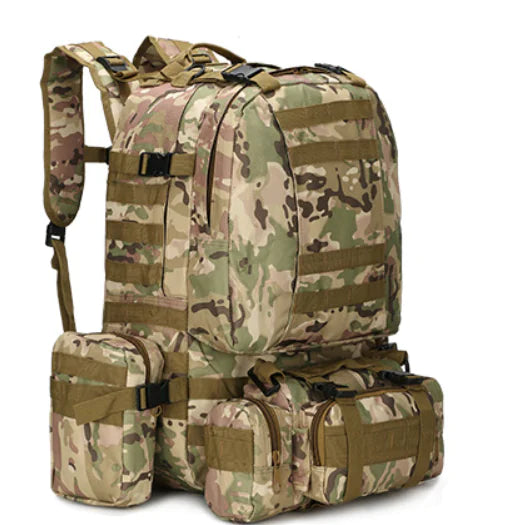 Camouflage backpack with multiple pouches on a white background