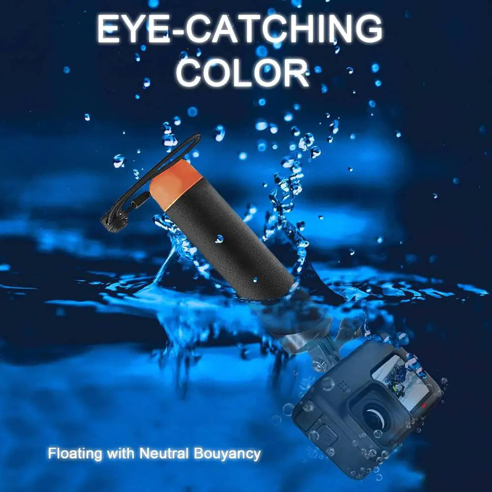 Black and orange underwater light with a camera, and floating grip surrounded by water splashes on a dark blue background.