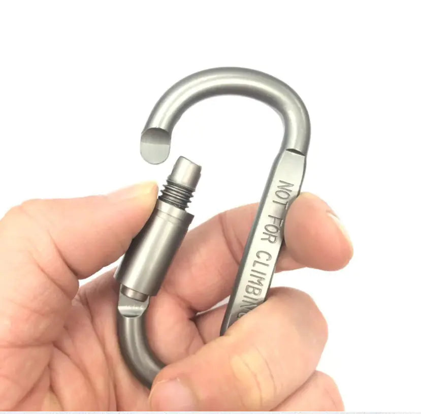 Metal carabiner held in a hand with 'Not For Climbing' text on a white background