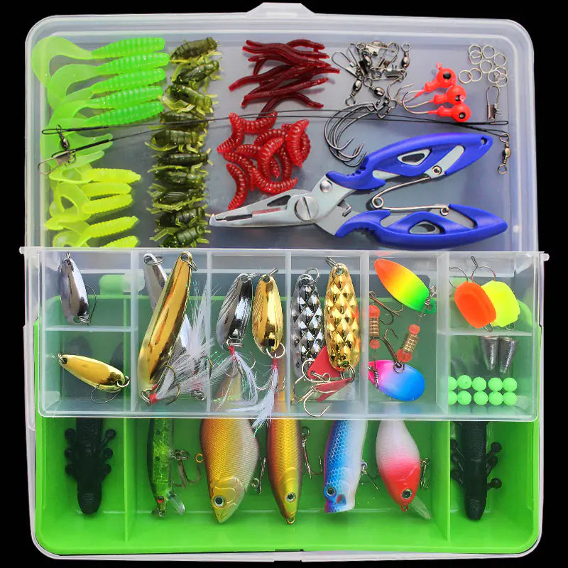 101 piece Fishing lure set in a clear and green box with various types of lures and accessories.