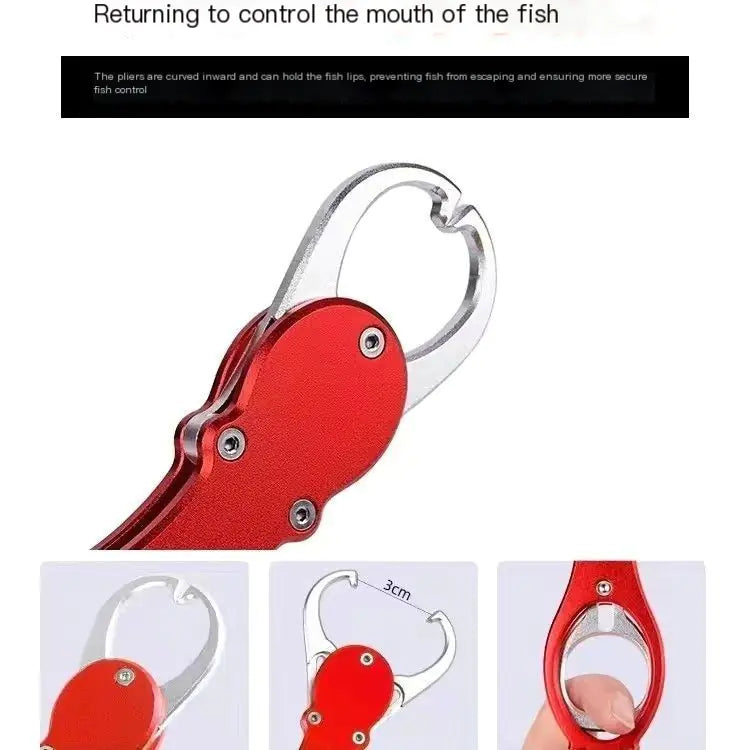 Red and silver fishing tool with text about controlling fish, on a white background.