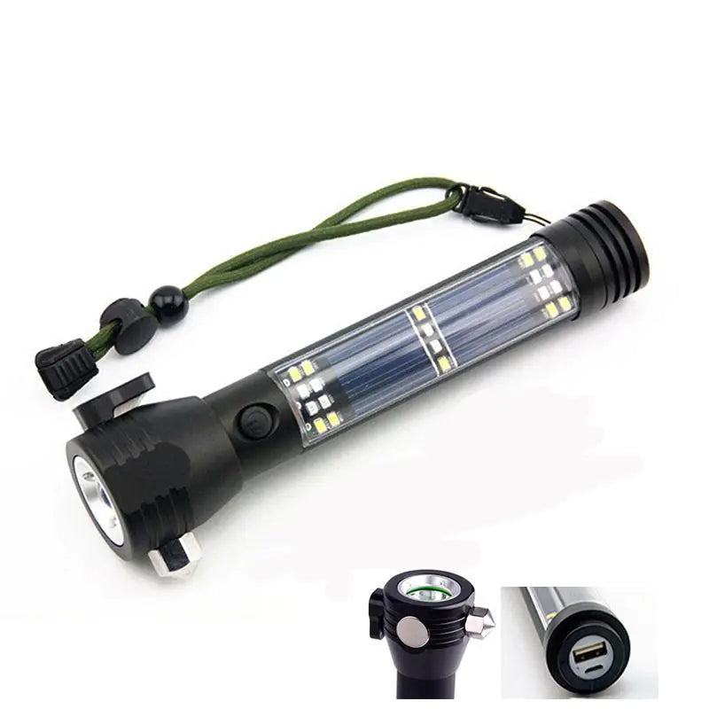 Multifunctional flashlight with solar panel and USB port on a white background
