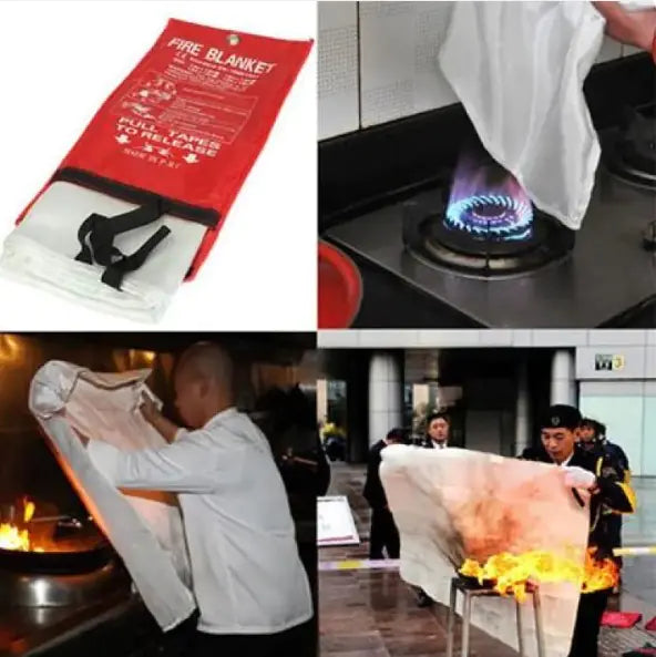 Fire blanket being used to extinguish flames in various scenarios.