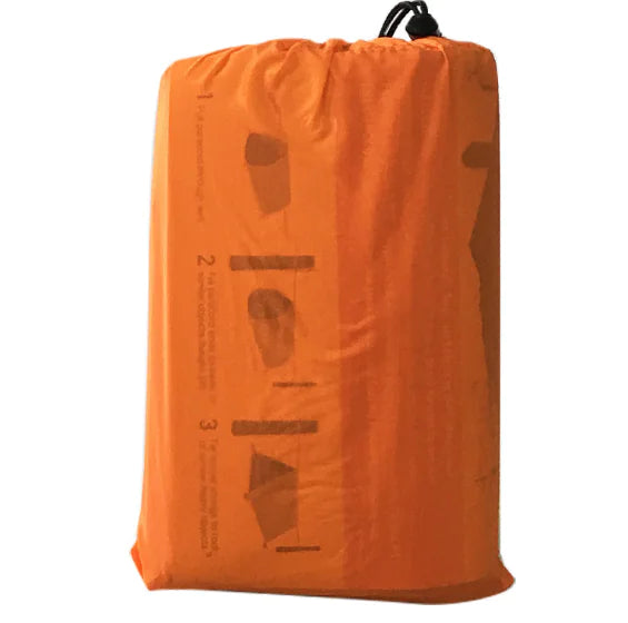 Orange drawstring bag that contains emergency tent and sleeping bag with drawstring closure displayed on white background
