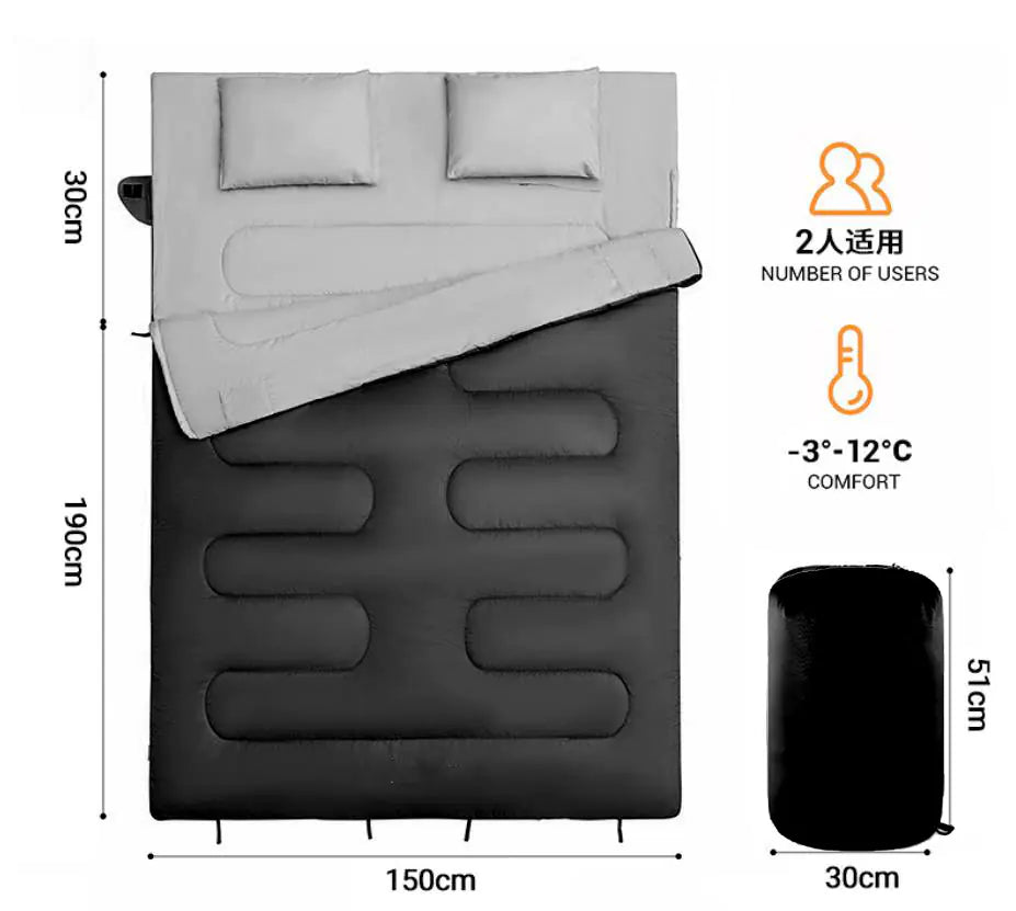 Double sleeping bag with dimensions and user information on a white background
