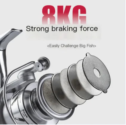 Fishing reel with strong braking force text on a light gray background