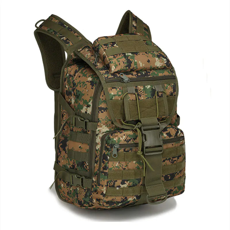 Camouflage backpack with multiple pockets and straps on a white background