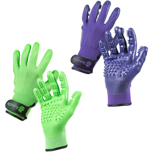 Two pairs of pet grooming gloves for Horses and dogs with textured surfaces on a white background