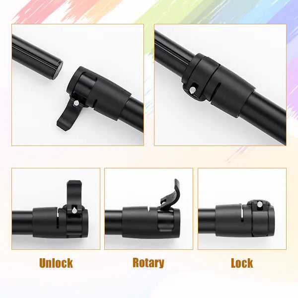 Black metal components of a childs adjustable paddleboard paddle, labeled 'Unlock', 'Rotary', and 'Lock' on a white background.