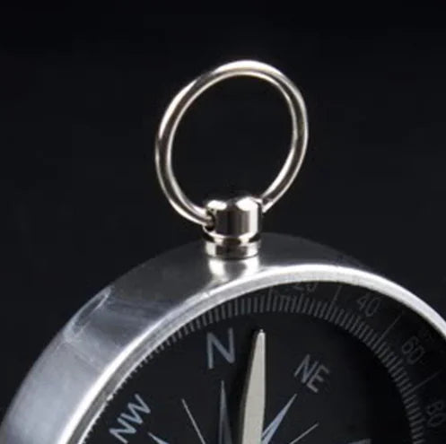 Close-up of a metal compass with a black background