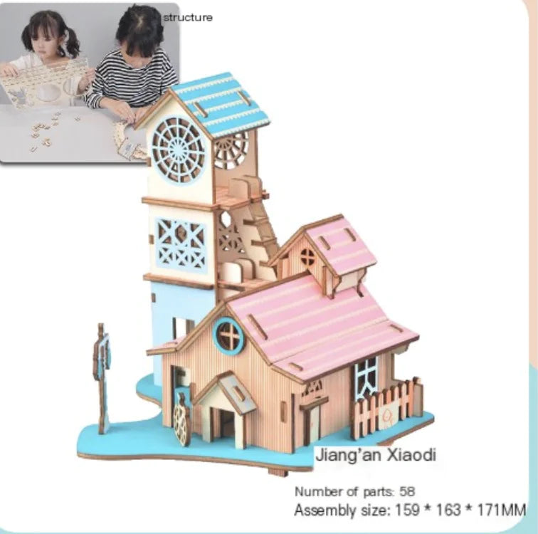 Wooden model kit of a clock tower with children playing in the background