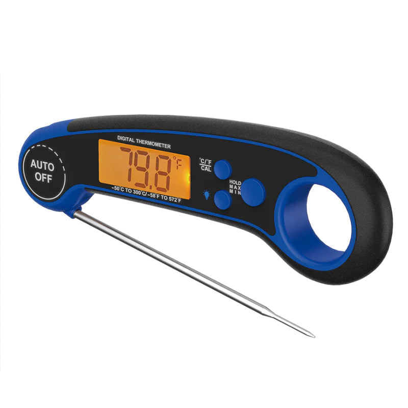 Digital thermometer with blue and black casing on a white background
