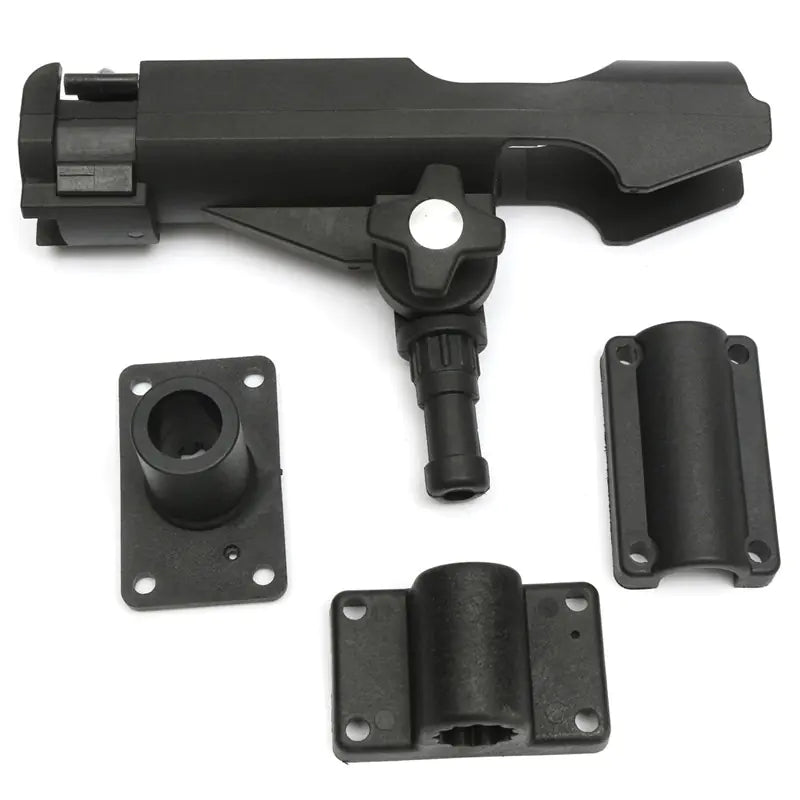 Set of black metal components to a fishing rod holder on a white background