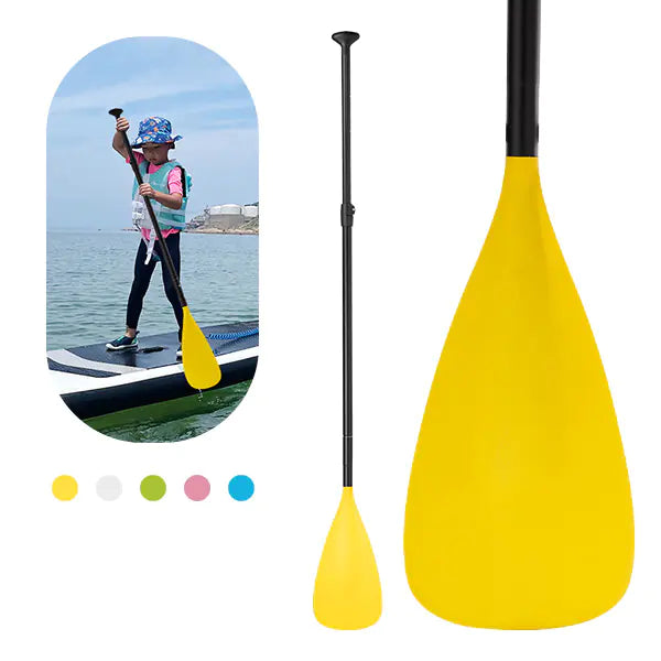 Yellow paddle with black shaft on a white background, inset with a child on a paddleboard.