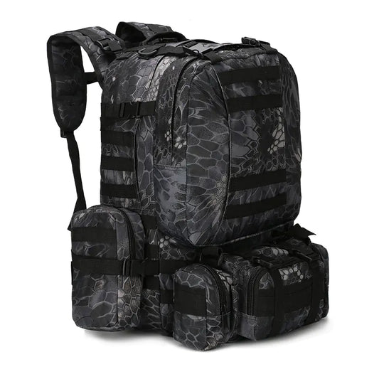 Black tactical backpack with multiple pouches on a white background