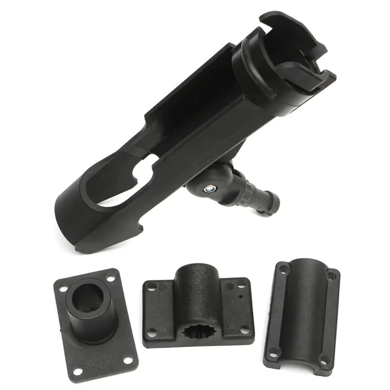 Black metal fishing rod holder with additional components on a white background