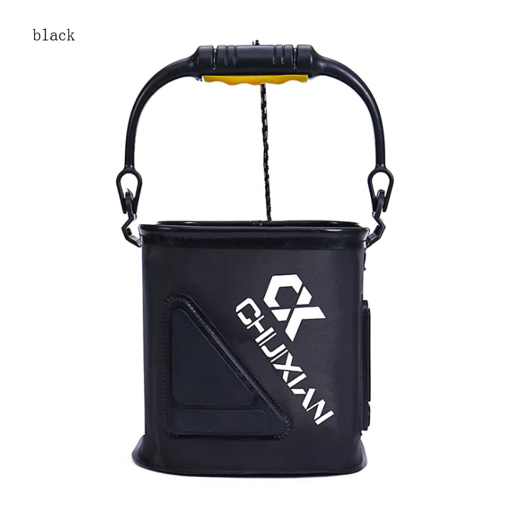 Black folding fishingbucket with handle and Chuxian logo on a white background