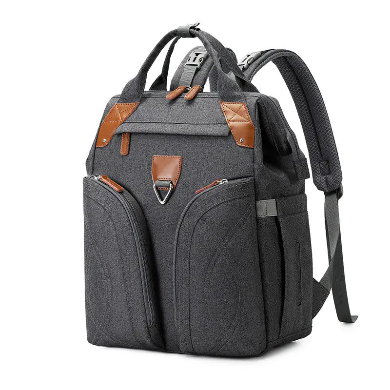 Gray backpack with brown accents on a white background