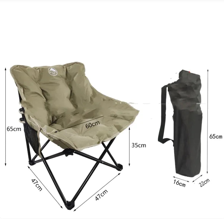 Folding chair with dimensions and carrying bag on a white background