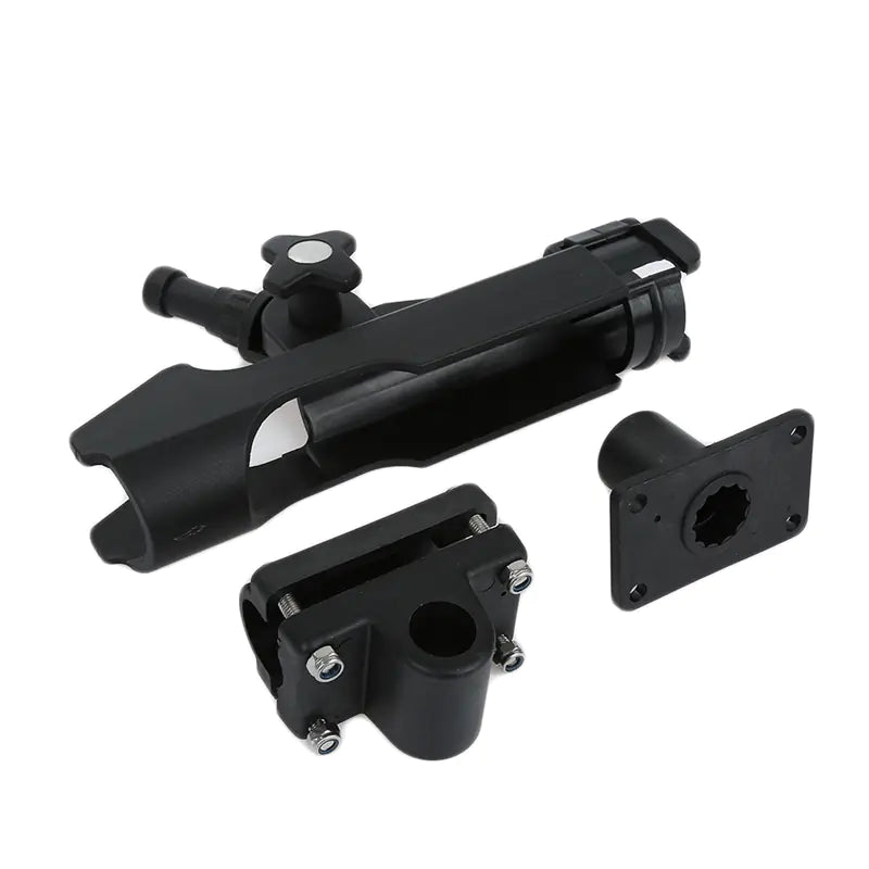 Black metal fishing rod holder with mounting hardware on a white background