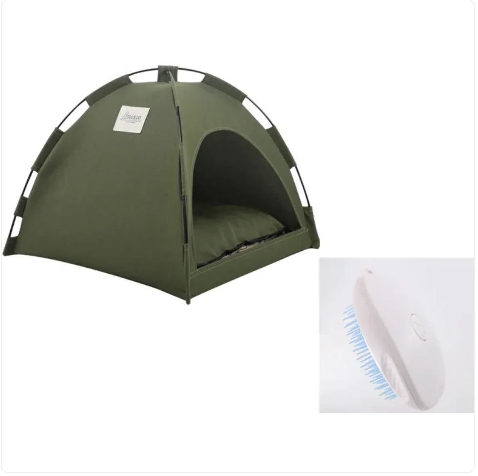 Green Pet cooling tent with a cooling mat inside and a grooming brush on a white background