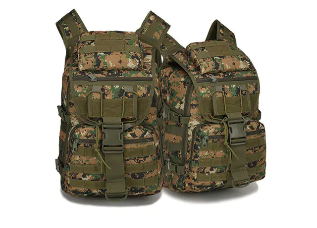 Two camouflage military-style backpacks on a white background