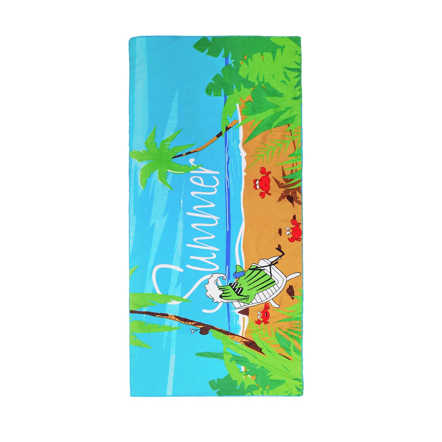 Towel with a tropical design featuring palm trees, a beach, and the word 'Summer'.