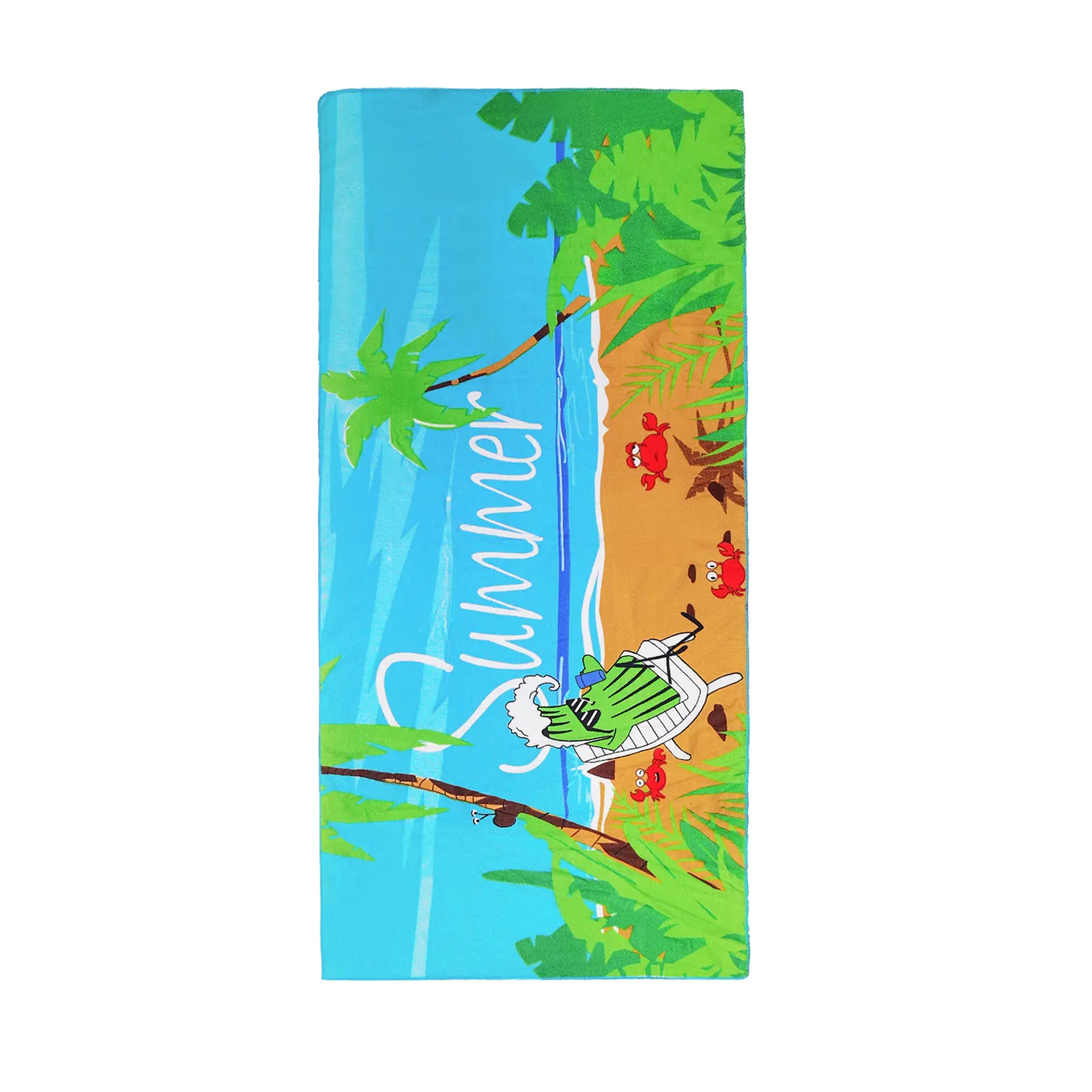 Towel with a tropical design featuring palm trees, a beach, and the word 'Summer'.