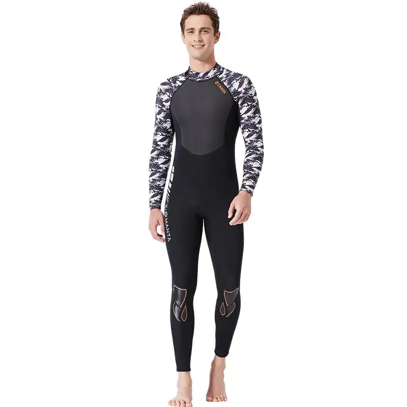Person wearing a black and white patterned wetsuit on a white background