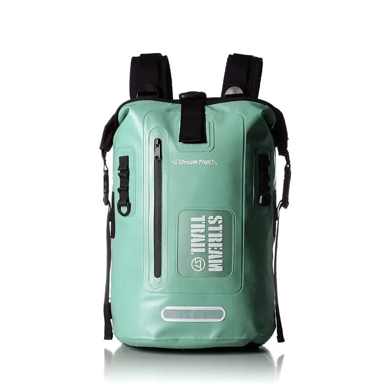Green waterproof diving backpack with visible branding on a white background