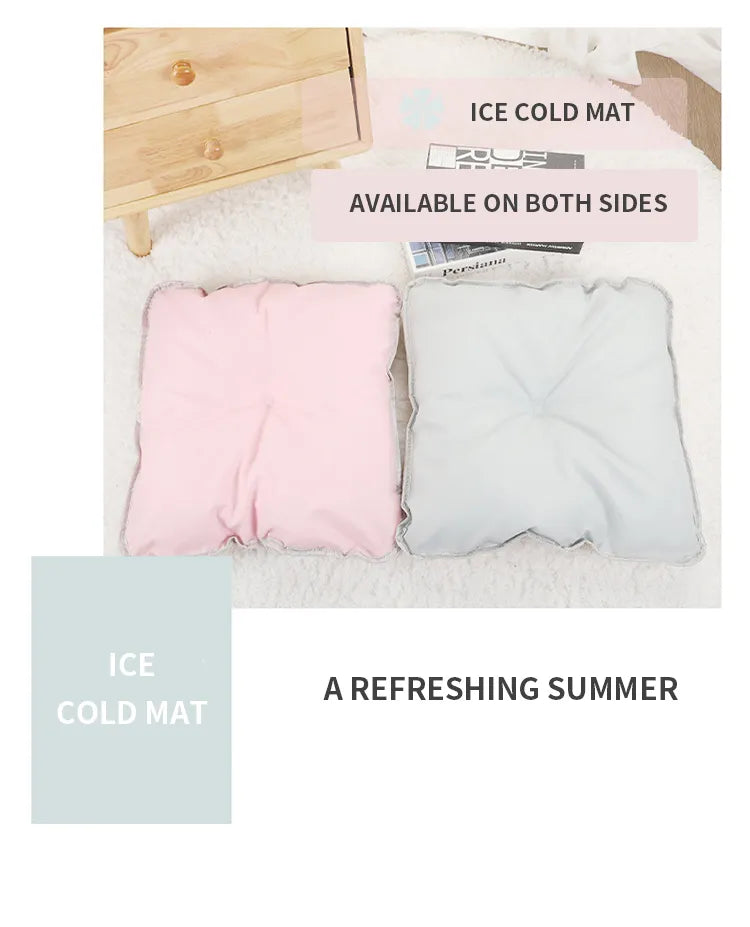 Two ice cold mats, one pink and one white, on a wooden surface with text indicating availability on both sides.