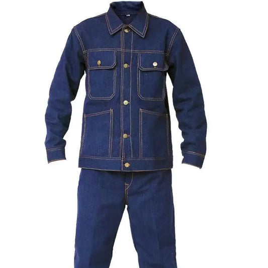 Blue denim jacket and pants set on a white background