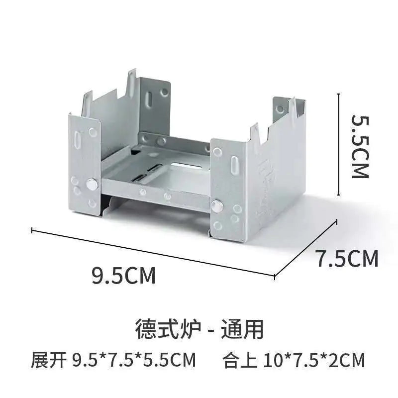 Metal folding stove with dimensions labeled on a white background