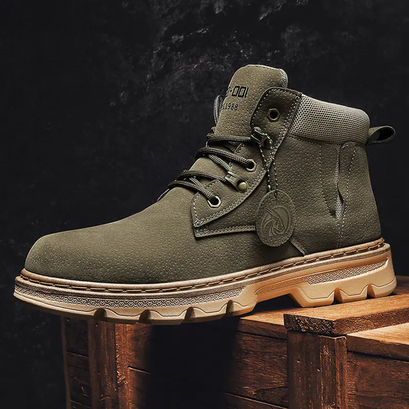 Green boot with brown sole on a dark background