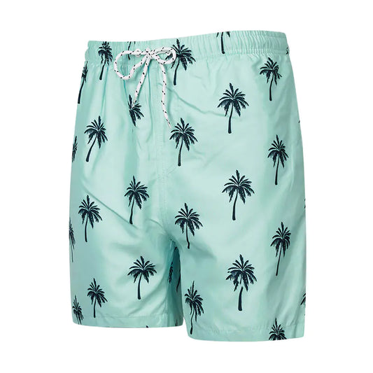 Mint green swim shorts with black palm tree pattern on a white background
