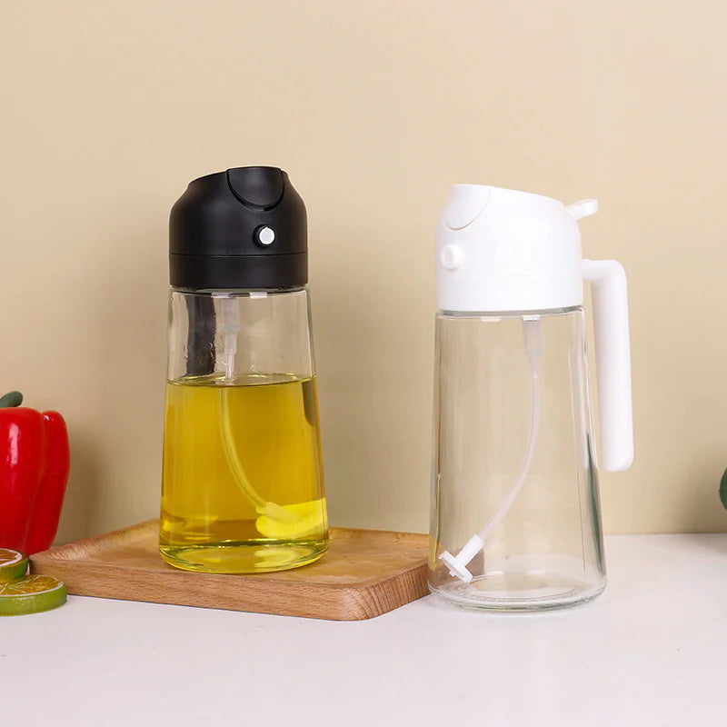 Two glass containers with black and white lids on a beige background
