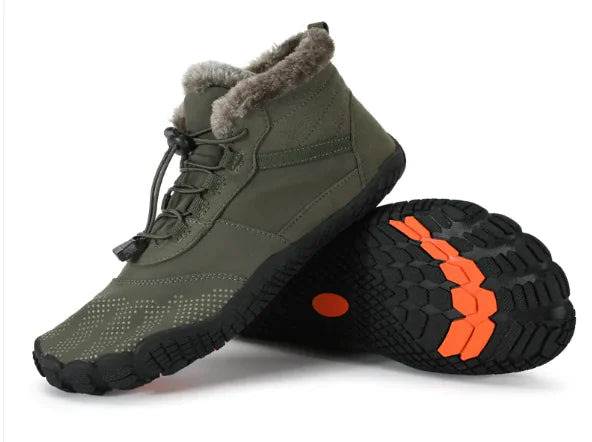 Green waterproof hiking shoes with orange sole design on a white background