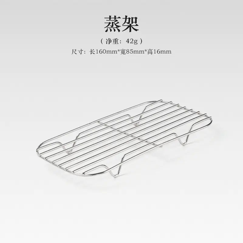 Metal steaming rack with dimensions and weight information on a white background