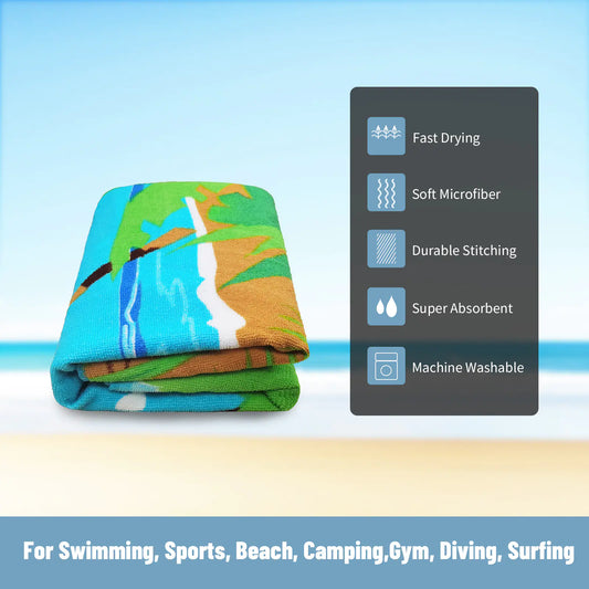 Folded beach towel with colorful design on a light blue background, featuring text about towel properties and uses.