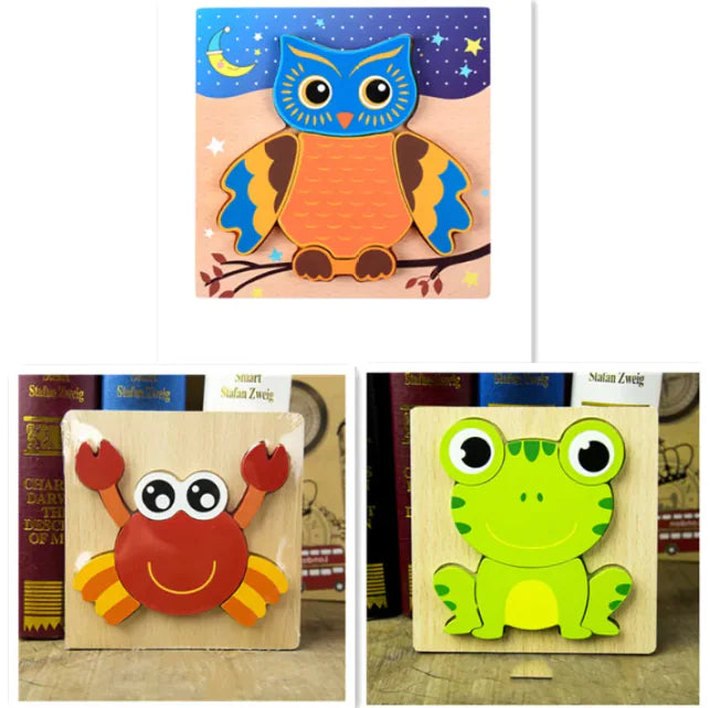 Three wooden animal toys (owl, crab, frog) on a bookshelf background.