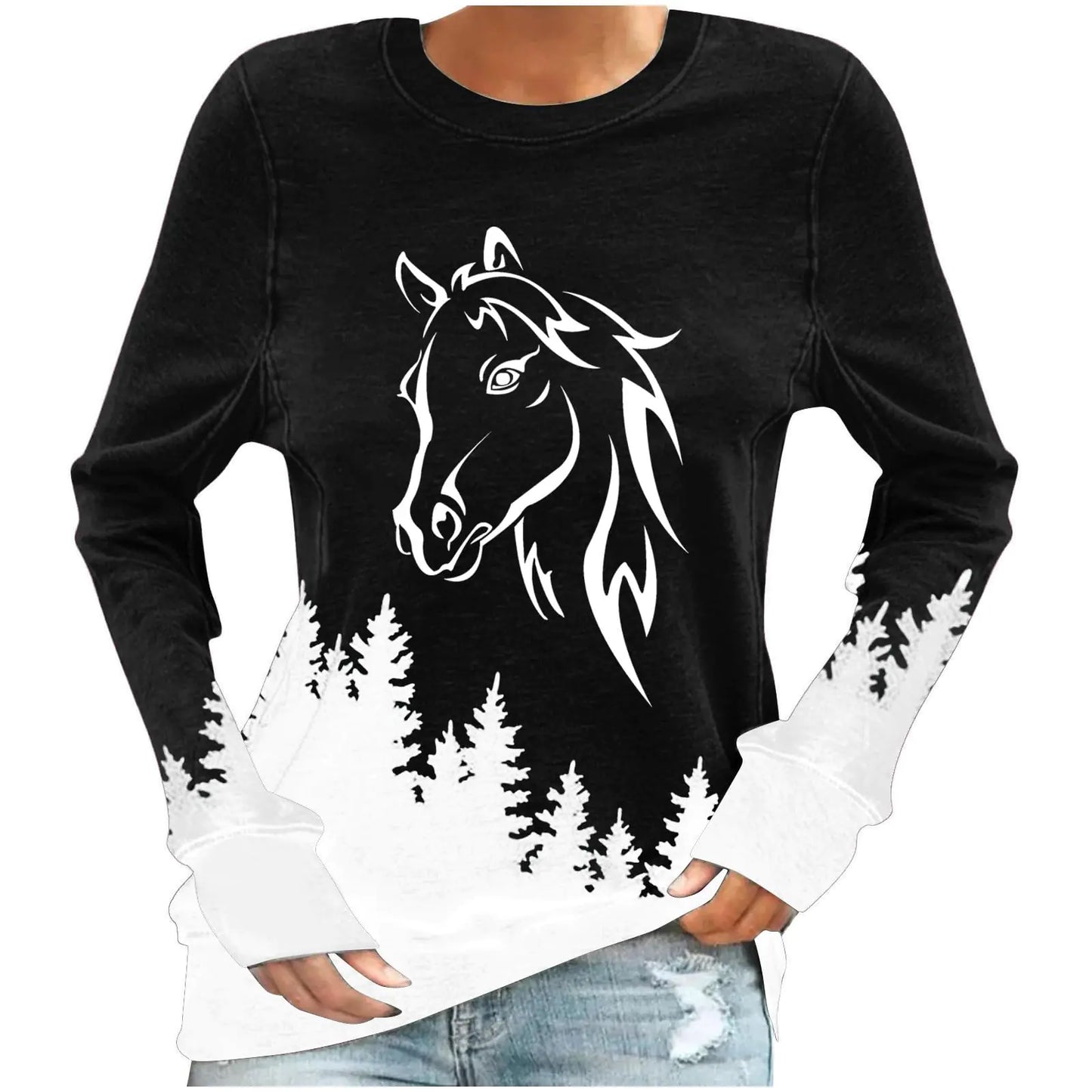 Black long-sleeve shirt with a white horse design on a plain background
