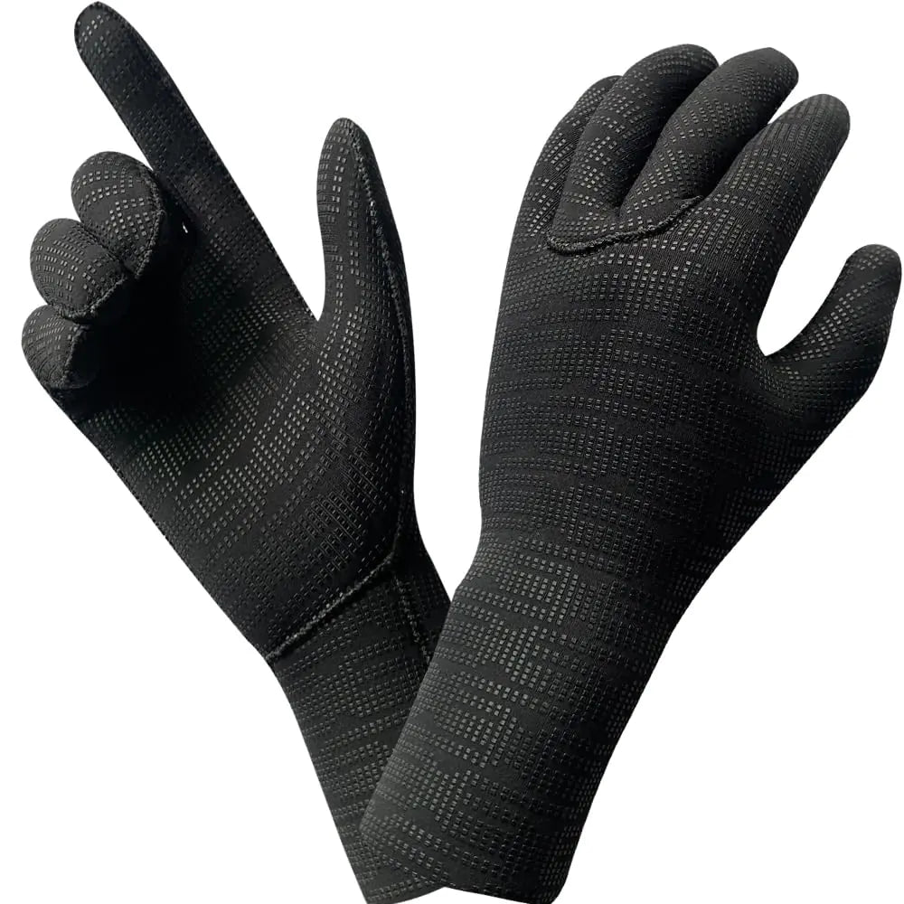 Pair of black diving gloves with textured palm on a white background